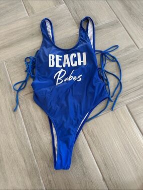 Tie up sides Royal Blue One-Piece Swimsuit BOLD  - "Beach Babes" logo